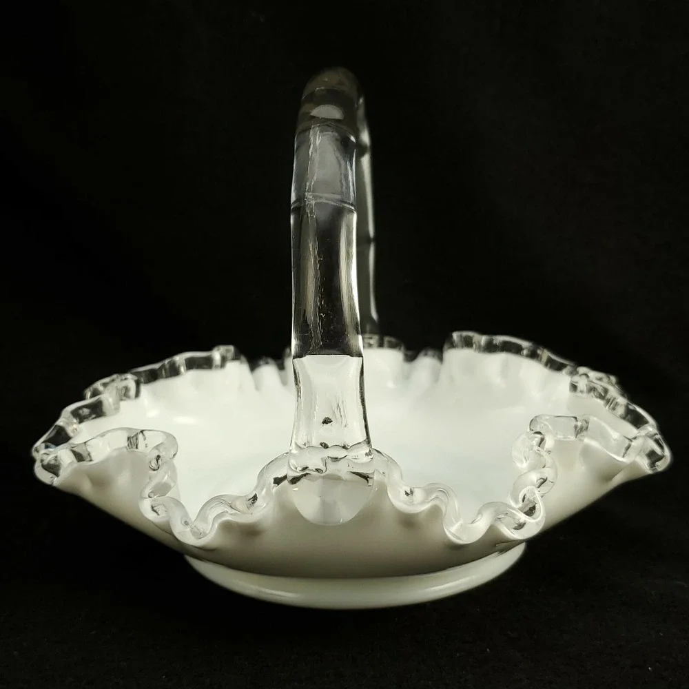 Fenton Silver Crest Brides Basket Ruffled Milk Glass Clear Glass Handle 8